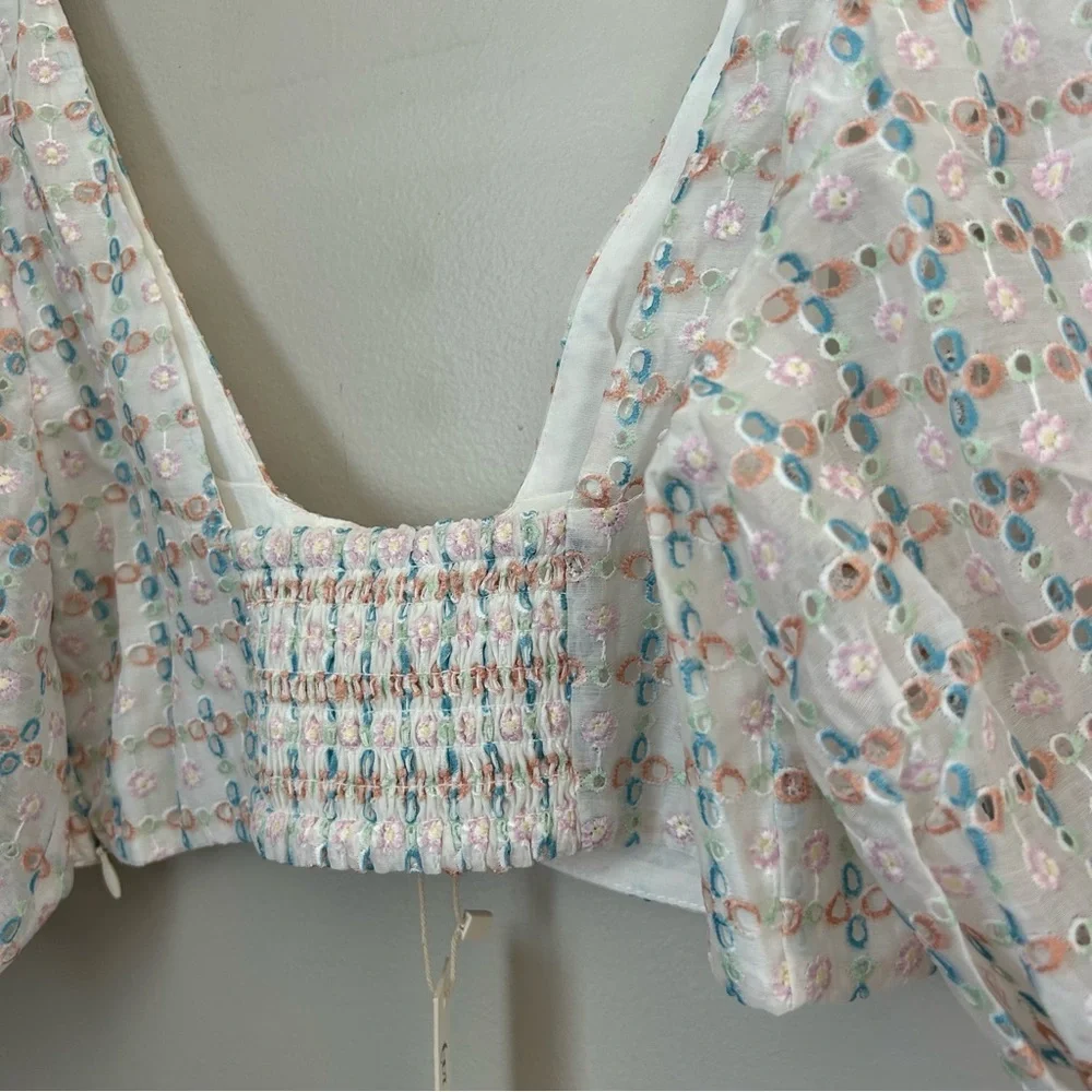 For Love And Lemons White Eyelet Crop Top with Pastel Blue Print - Picture 7 of 14